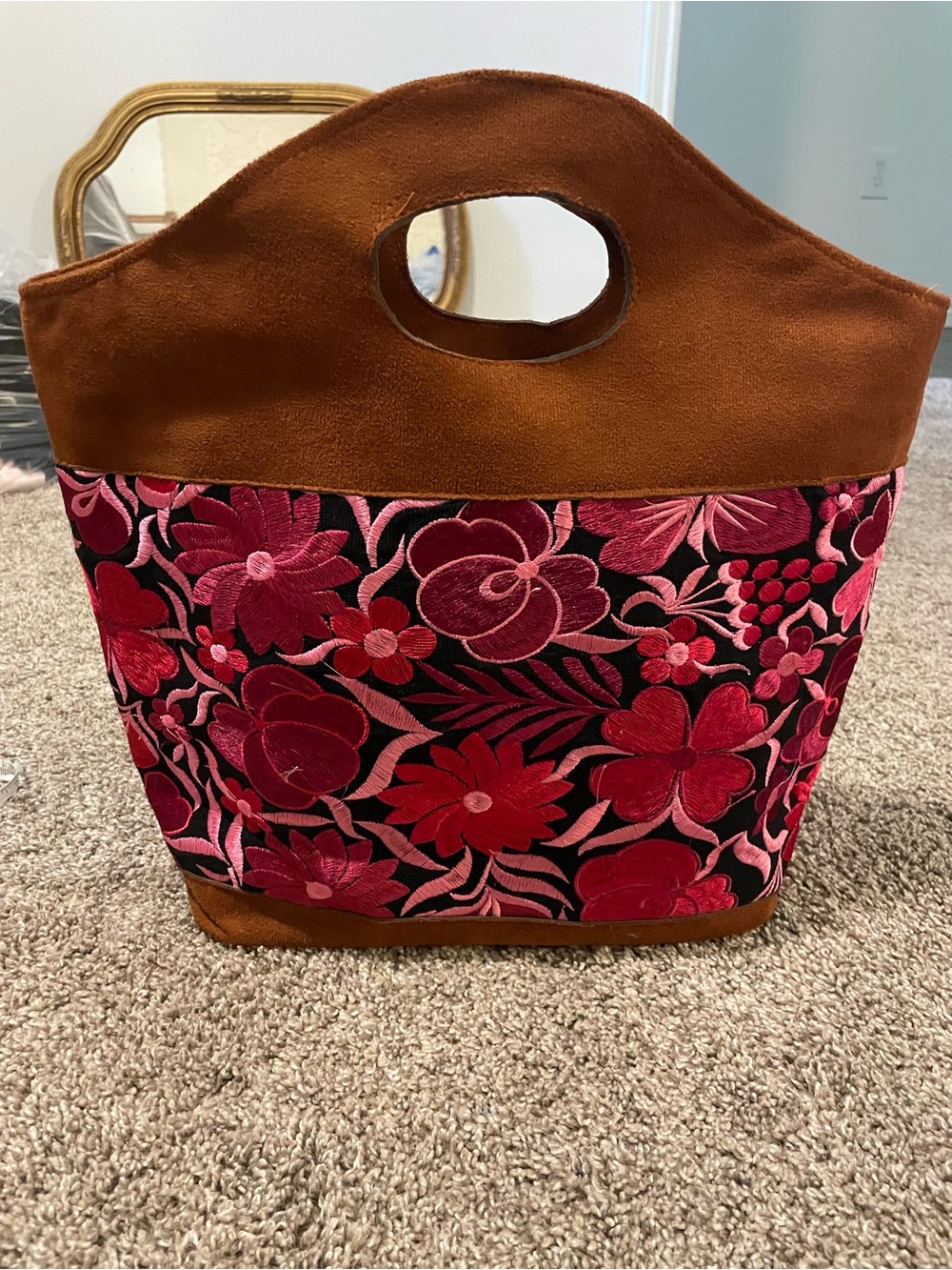 Suede Trim embroidered Mexican Floral Tote Bag in Red and Pink